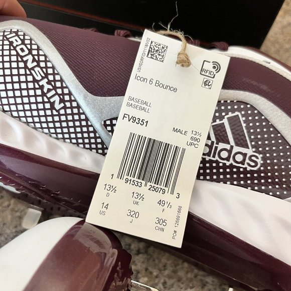 Adidas Icon 6 Bounce‎ Metal Baseball Cleats Men\'s Size 14 Maroon White [FV9351] main image 5
